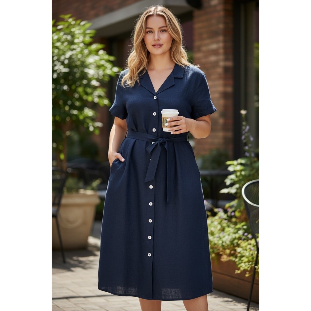 Quince 100% European Linen Button Front Belted Midi Shirt Dress Navy Blue 1X NEW